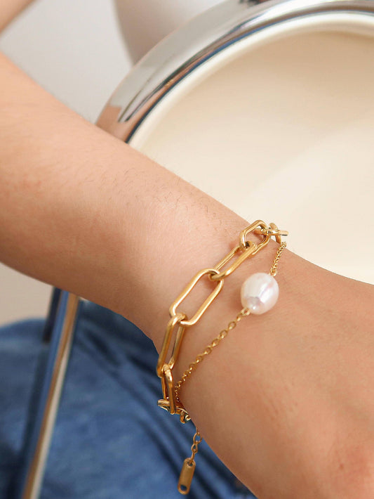 Gold Stacked Chain Pearl Non-Tarnish Bracelet